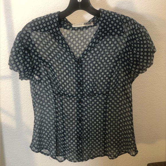 Necessary Objects Blue Print Sheer Tailored Blouse. Size M - Picture 2 of 6